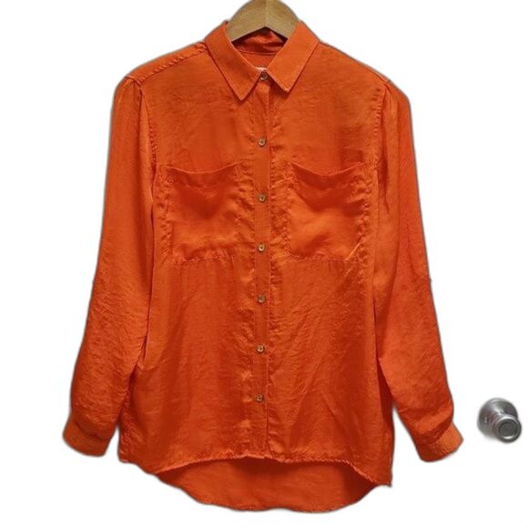 Michael Kors Top Women Sz S Orange Button Roll Tab Sleeve Textured Casual Blouse - Picture 2 of 9